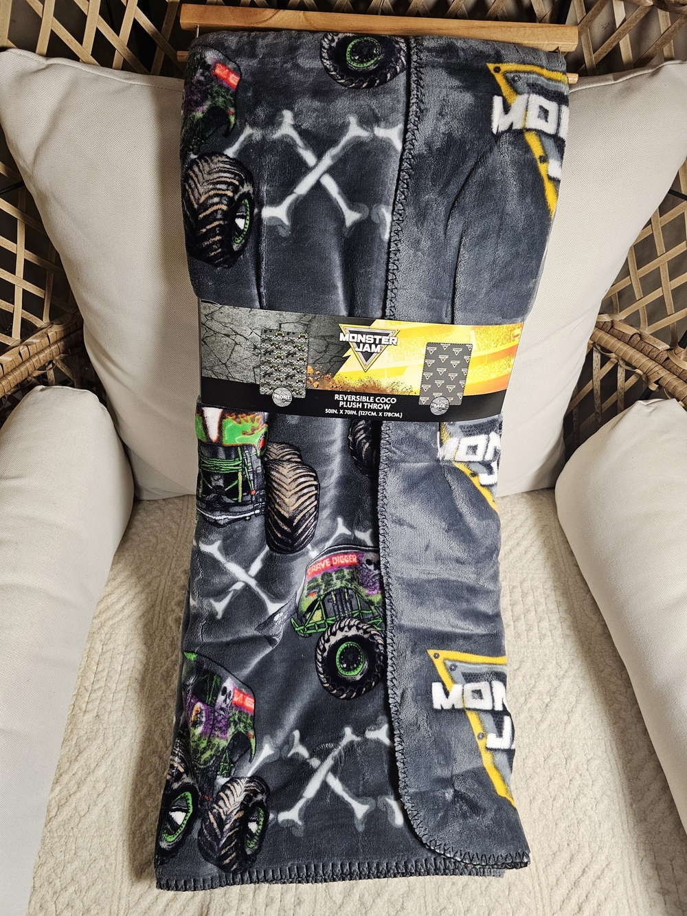 Monster Jam Reversible Plush Throw - Gray with Green & Yellow Accents Halloween